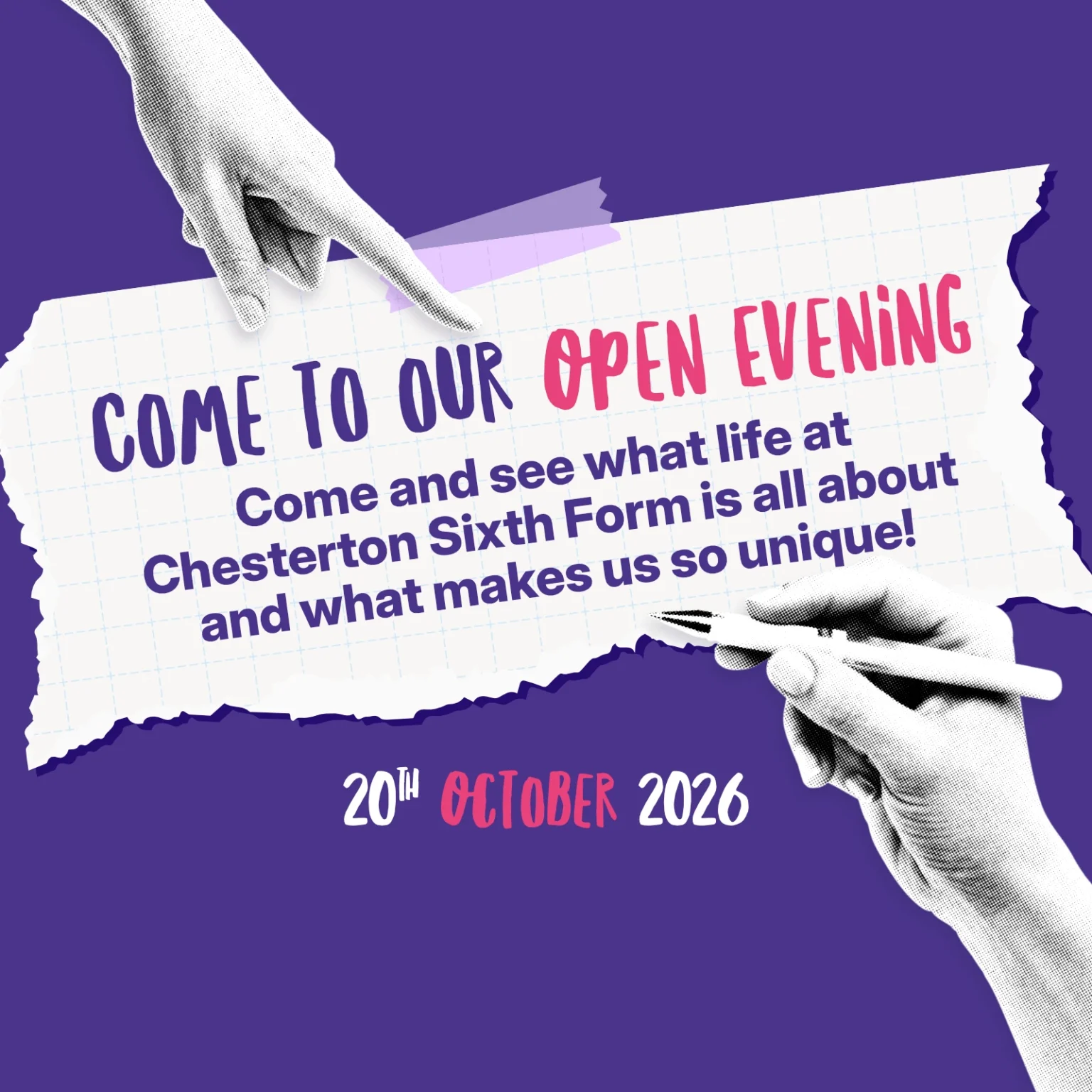 Come to our Open Evening! Come and see what life at Chesterton Sixth Form is all about and what makes us so unique! 20th October 2026